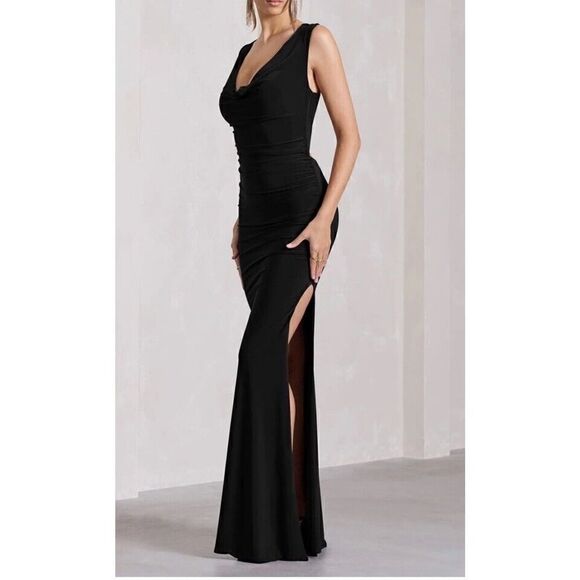 NWT CLUB L LOLITA BLACK RUCHED COWL-NECK SLEEVELESS MAXI DRESS sz 12 US - Picture 2 of 11